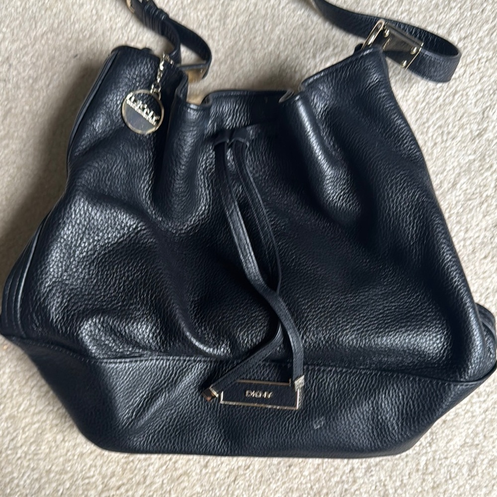DKNY Black Shoulder Bag with Textured Leather and Silver Accents